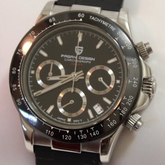 Men's Meca Quartz Chronograph Tachymeter 3 Sub-Dials Date Rubber Strap 40mm - Picture 10 of 15